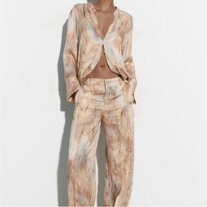 Zara Marble Tie Dye Button Blouse & Pants Set Small Neutral